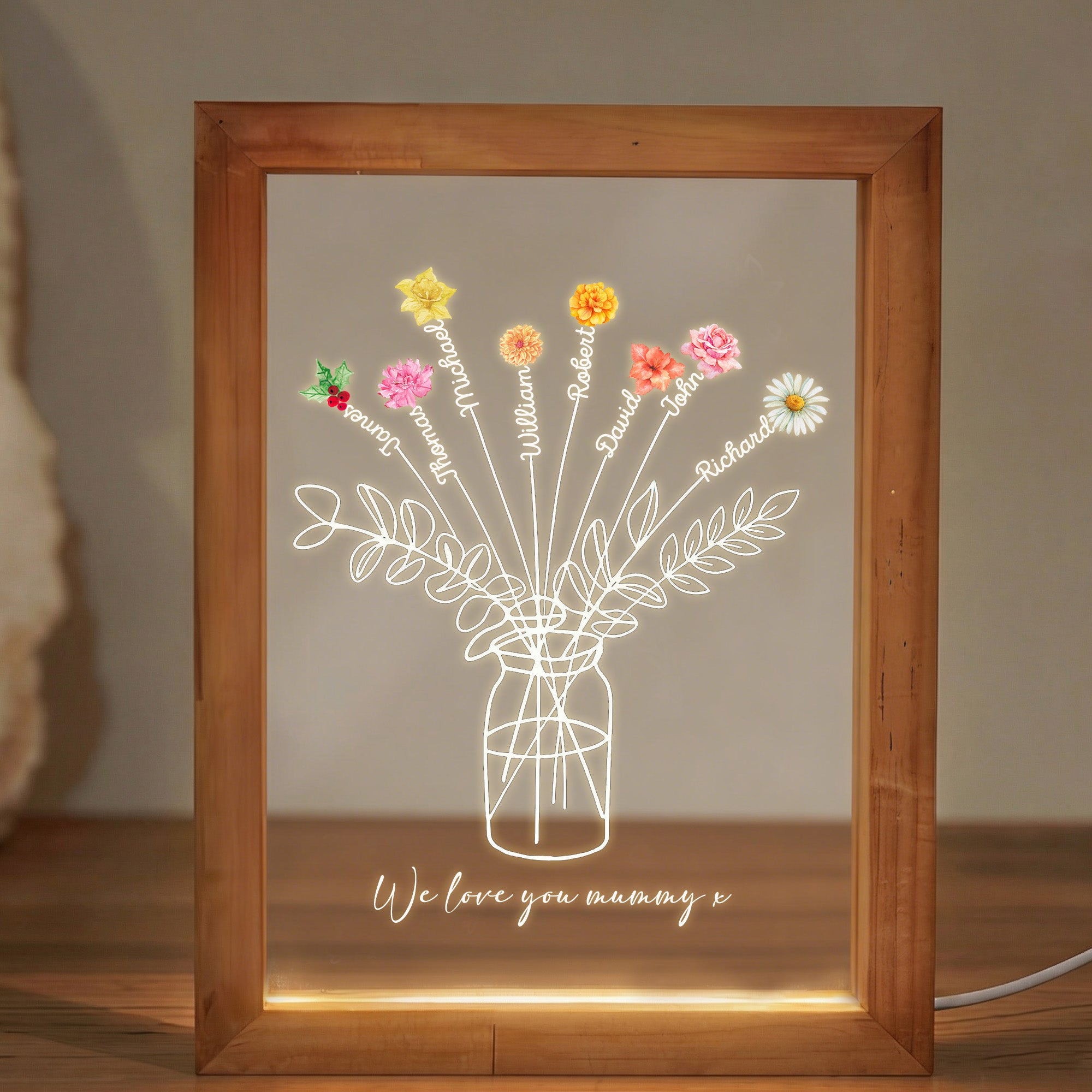 Florero de Nacimiento de Acuarela Personalizado Luz de Noche LED de Acrílico con Texto de Nombres y Marco de Madera Día de la Madre Regalo de Cumpleaños para Mamá Abuela