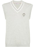 Brunello Cucinelli Embroidered Logo Cotton Vest — Grey