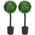 2ft Artificial Boxwood Topiary Ball Trees Set of 2, Decorative Potted Fake Plants, Green
