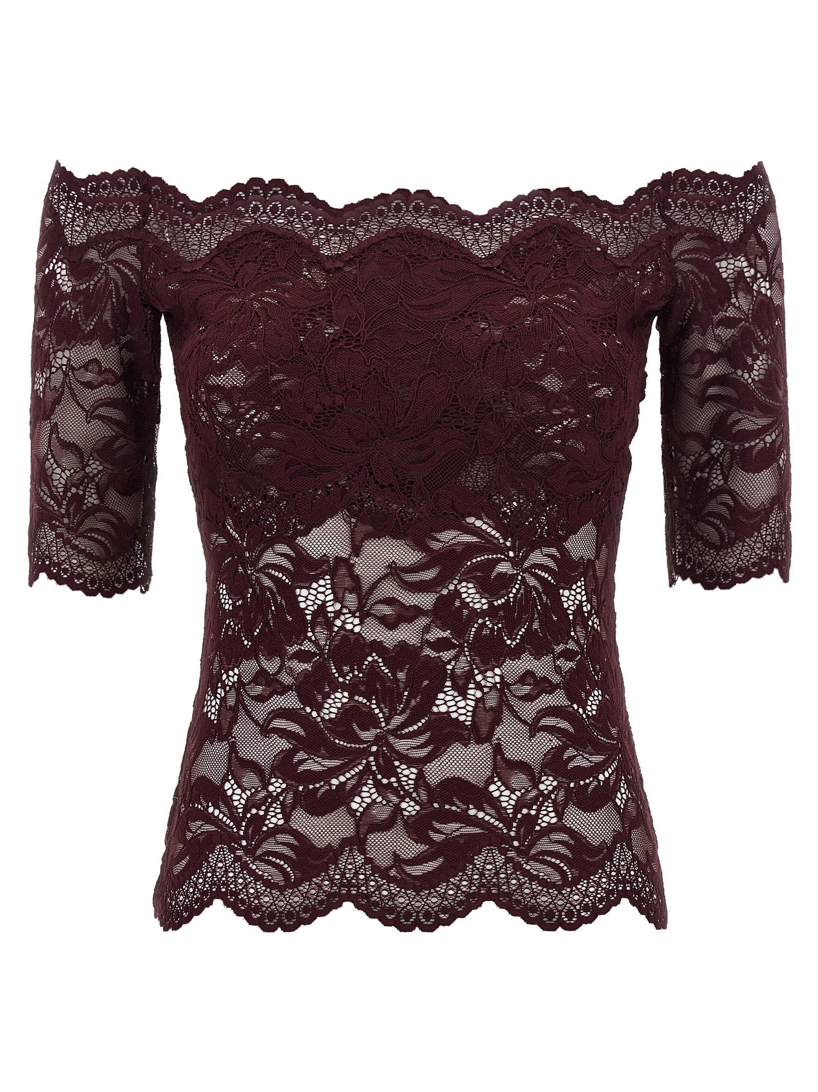 Paco Rabanne Lace Off-the-Shoulder Blouse — Burgundy