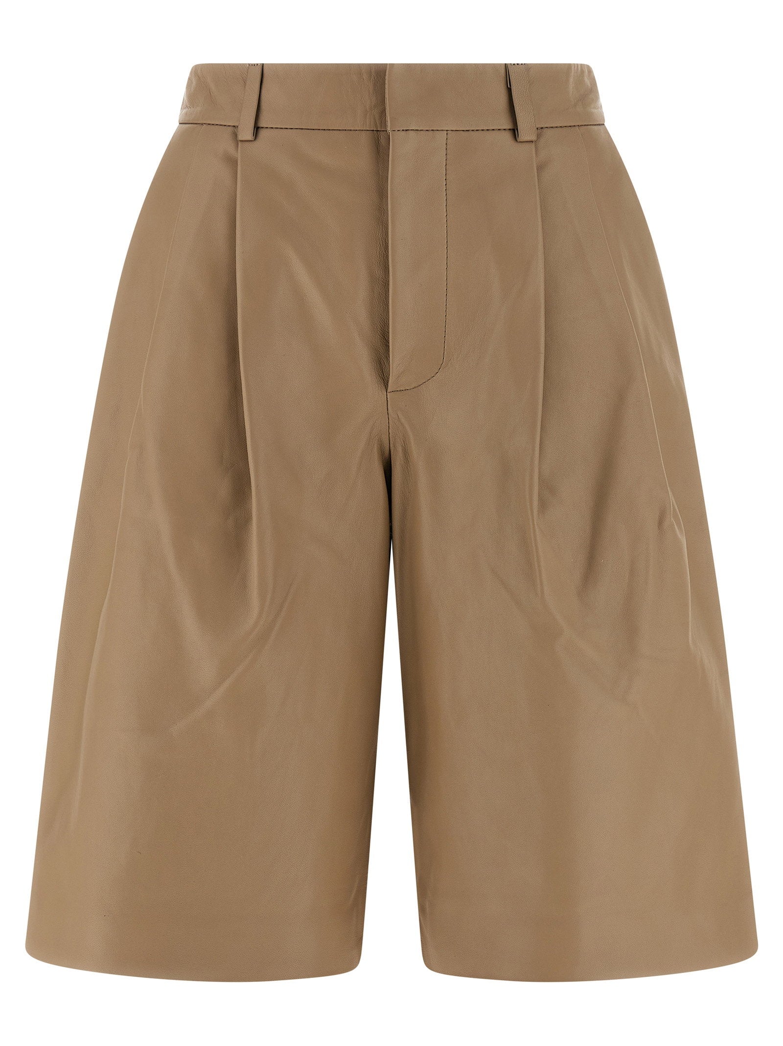 Yves Salomon Nappa Pleated Bermuda Shorts — Beige