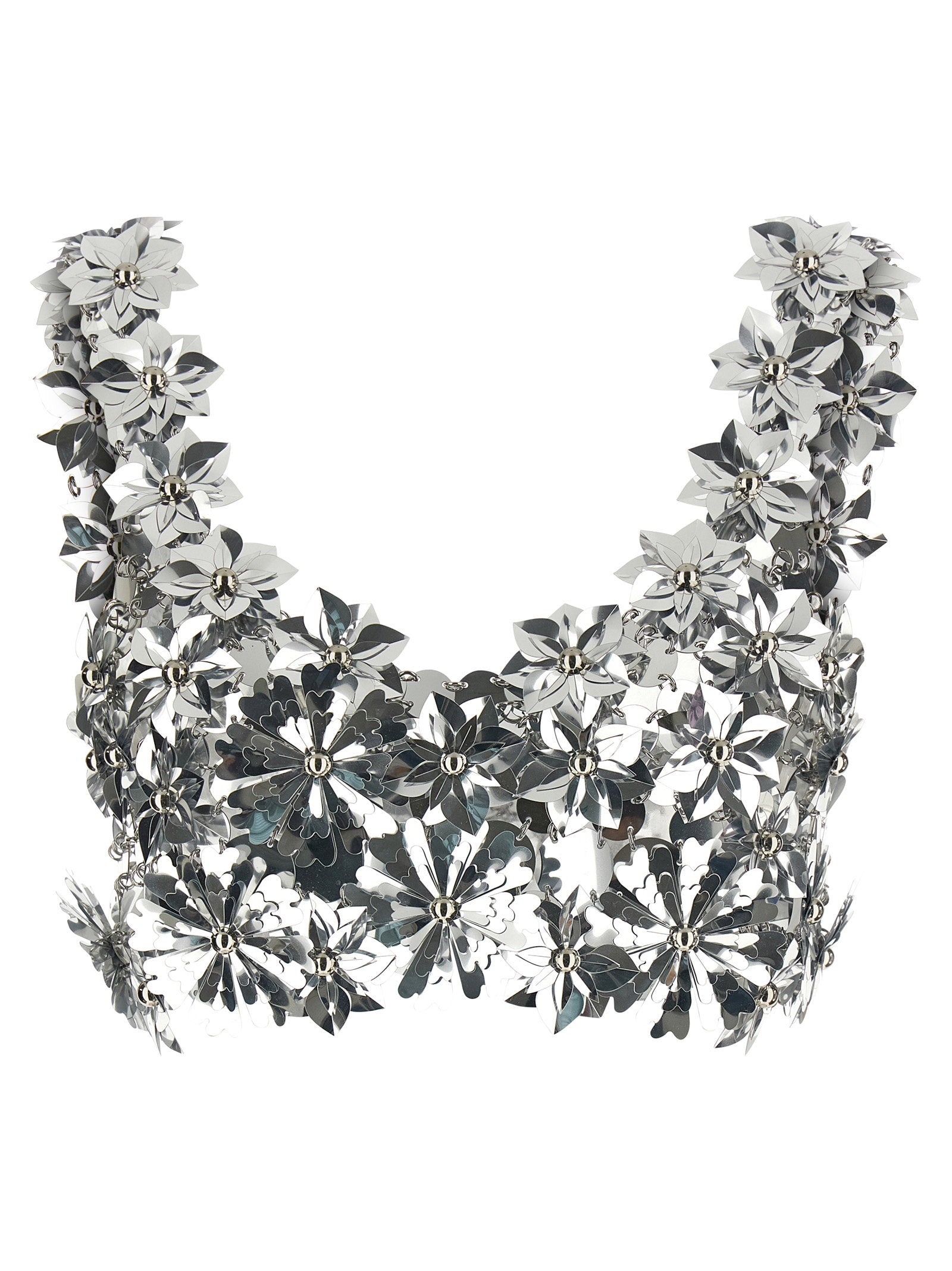 Paco Rabanne 3D Floral Metal Disc Bralette Top — Silver
