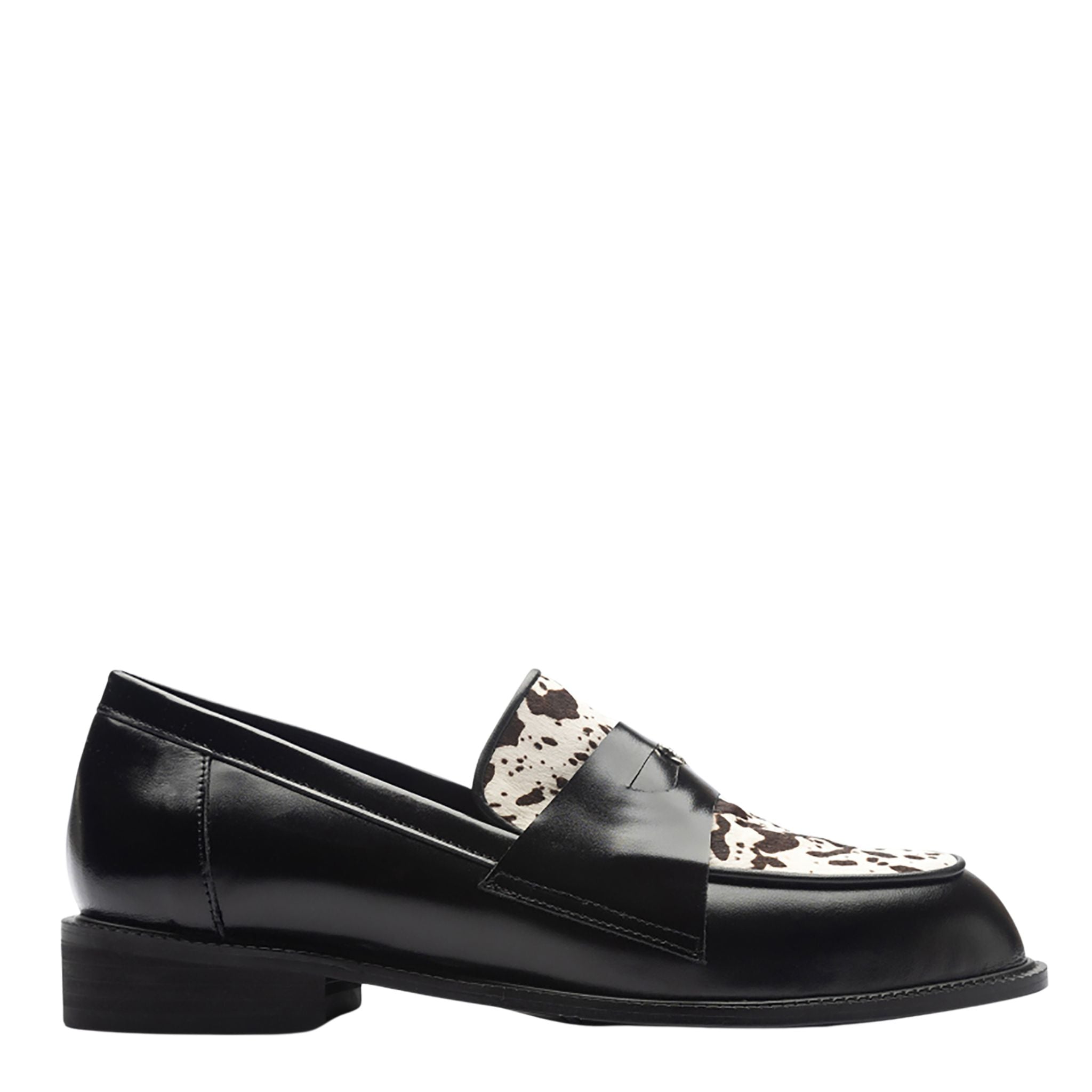 Black Leather Loafers with Cowhide Print Vamp