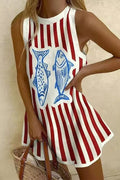 Crewneck Sleeveless Fish Print Striped Mini Dress
