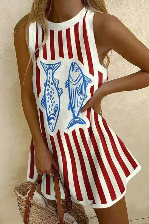 Crewneck Sleeveless Fish Print Striped Mini Dress