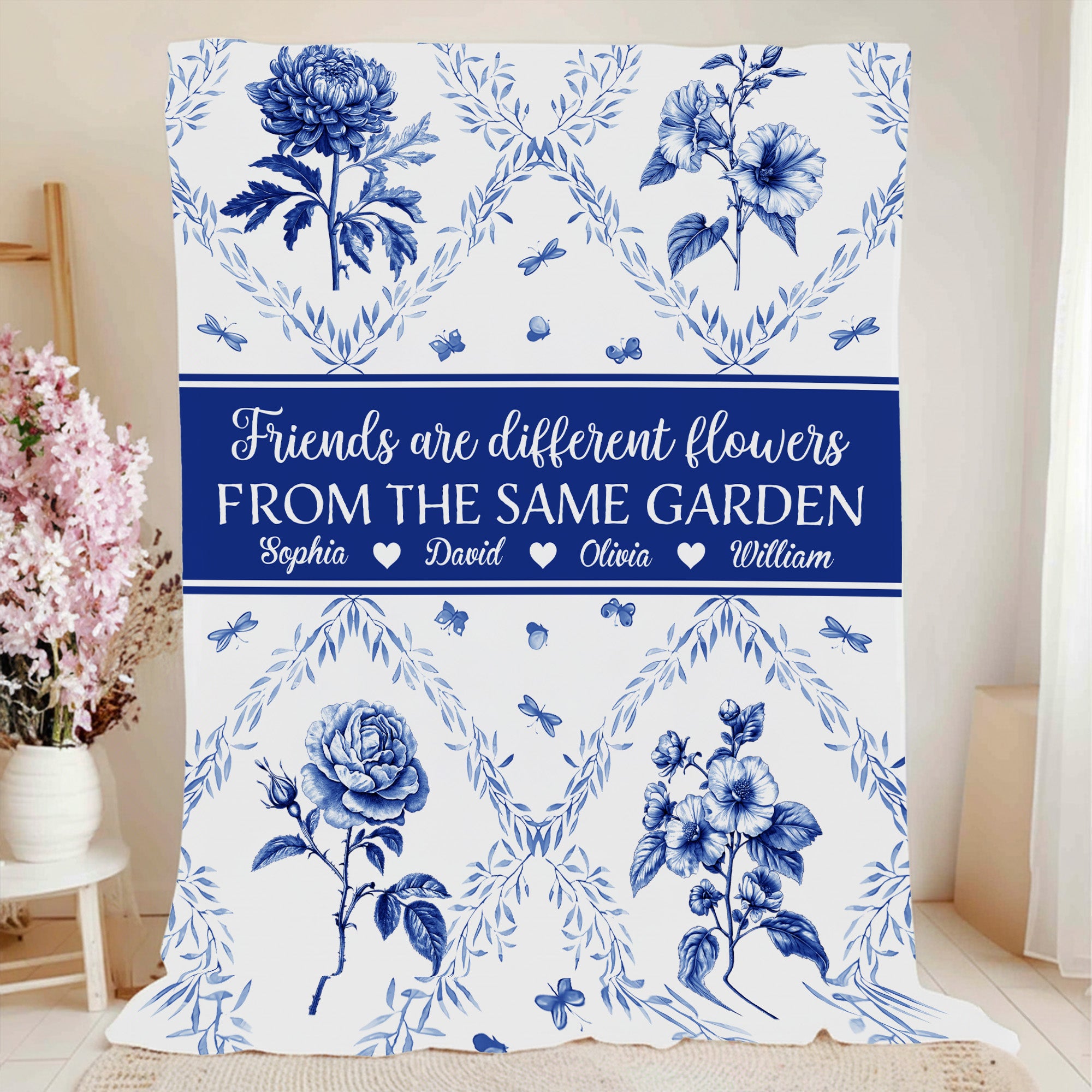 Toile De Jouy Personalizada 2-6 Flores de Nacimiento Manta Suave con Nombre y Texto Decoración del Hogar Regalo de Cumpleaños para Hermanas Amigas