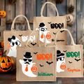 Personalizado Boo Cartoon Boy Girl Ghost Bolsa de yute grande portátil con el nombre de Halloween Festival de regalo para los niños