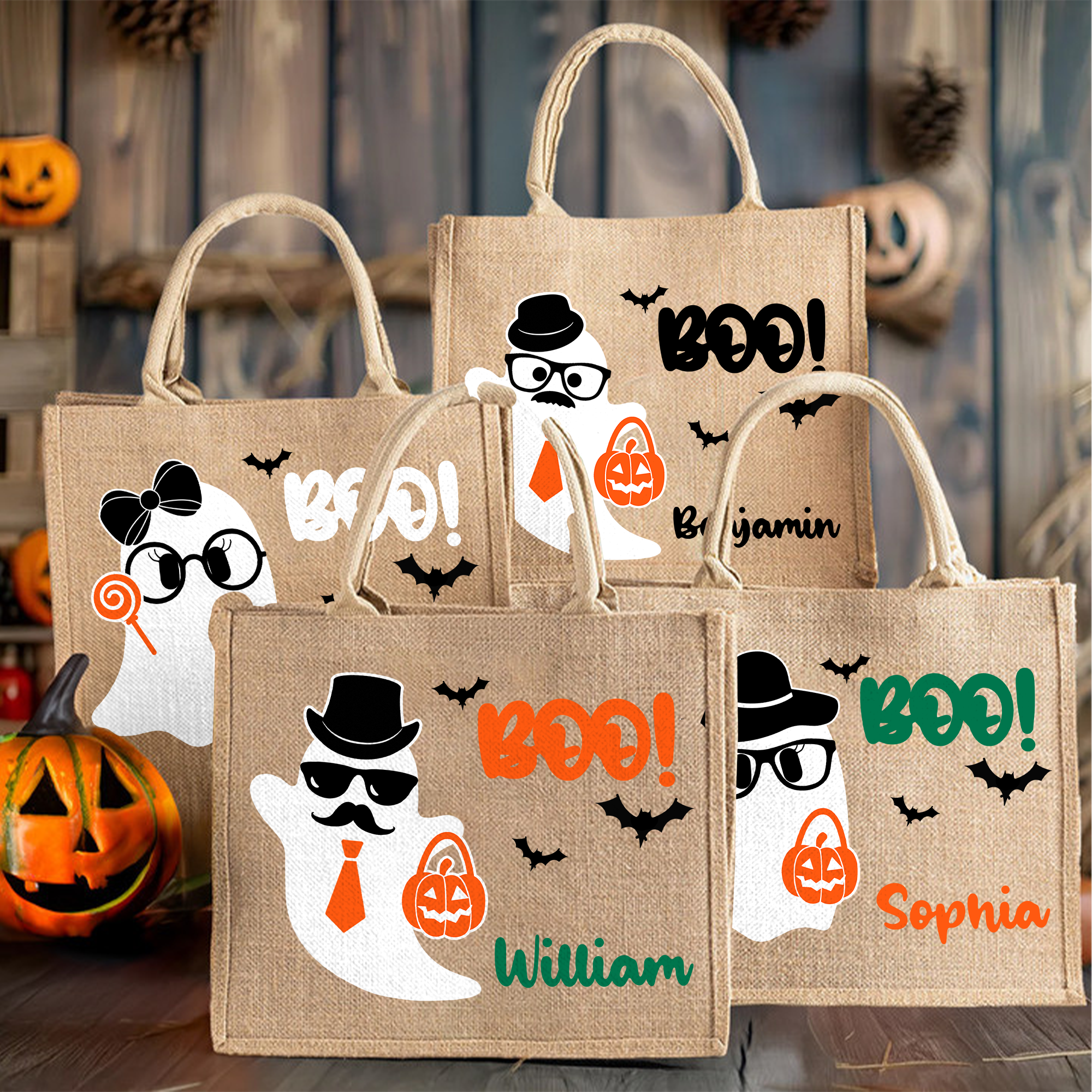 Personalizado Boo Cartoon Boy Girl Ghost Bolsa de yute grande portátil con el nombre de Halloween Festival de regalo para los niños