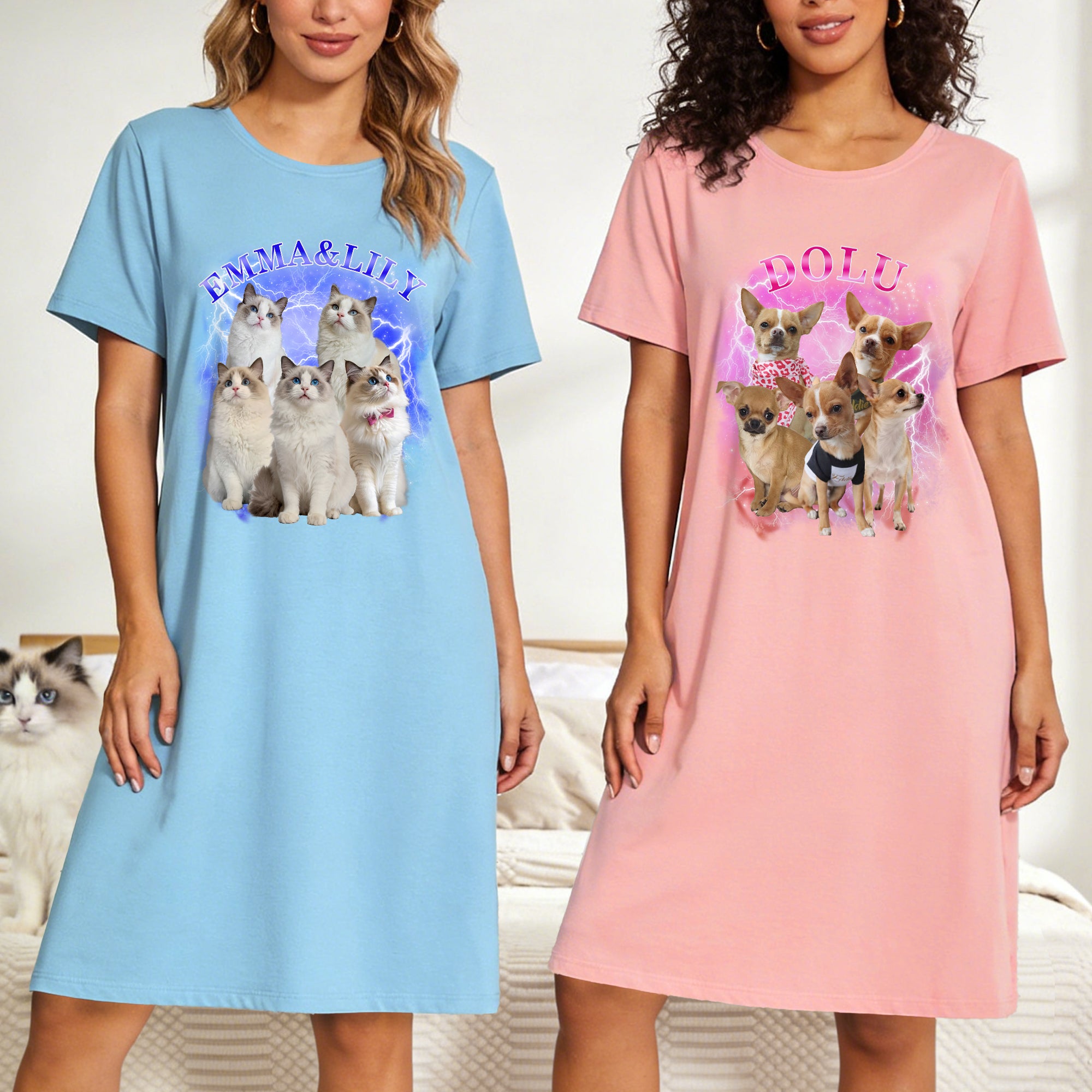 Personalizado Multicolor 5 Fotos de Mascotas Suave Camisón con Nombre Uso Diario Cumpleaños Aniversario Regalo para Mujer Amante de las Mascotas