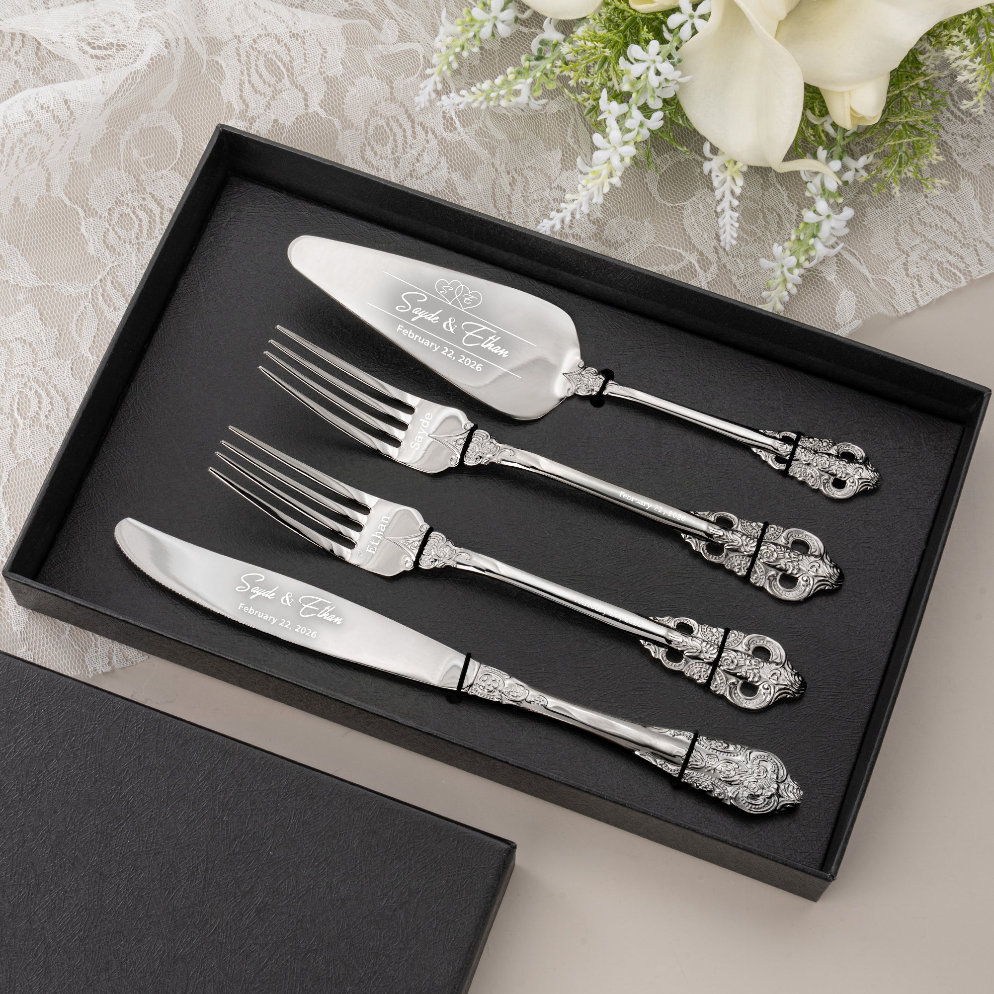 Personalizado Vintage Cake Tenedores Cuchillo Servidor de corte con nombres Fecha y Caja de Boda Compromiso Aniversario Regalo para Pareja Recién Casados
