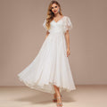 Bridal Wedding Dress Ivory Short Sleeve Asymmetrical V-Neck A-line