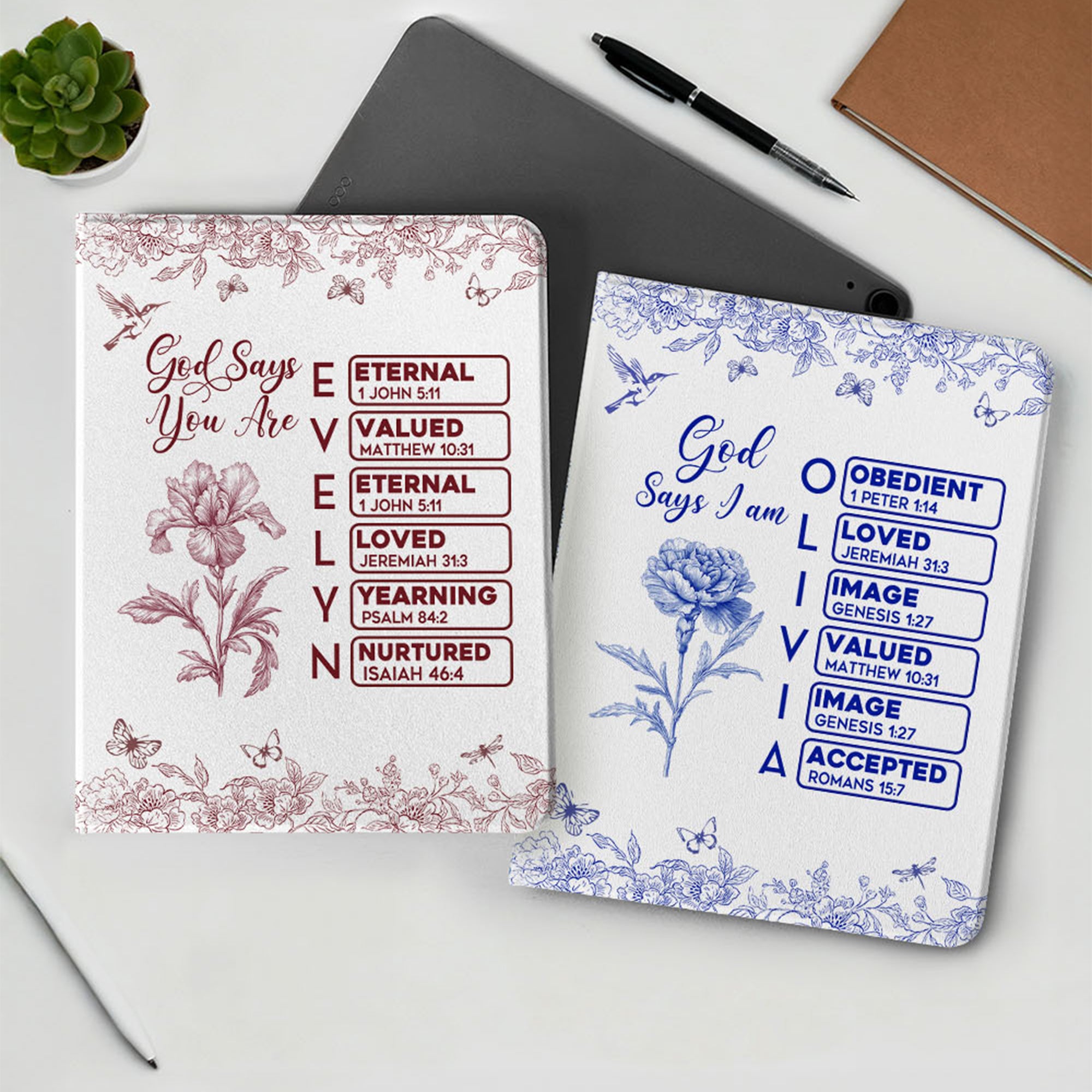 Personalizada Toile De Jouy Nacimiento Flor Mariposa Biblia Capítulo Nombre Pad Funda Protectora para iPad Uso Diario Navidad Cumpleaños Regalo para Mujeres