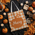 Calabaza personalizada con estampado de cuadros Bolsa de lona reutilizable con nombre Accesorios de otoño Halloween Día de Acción de Gracias Regalo para mujer