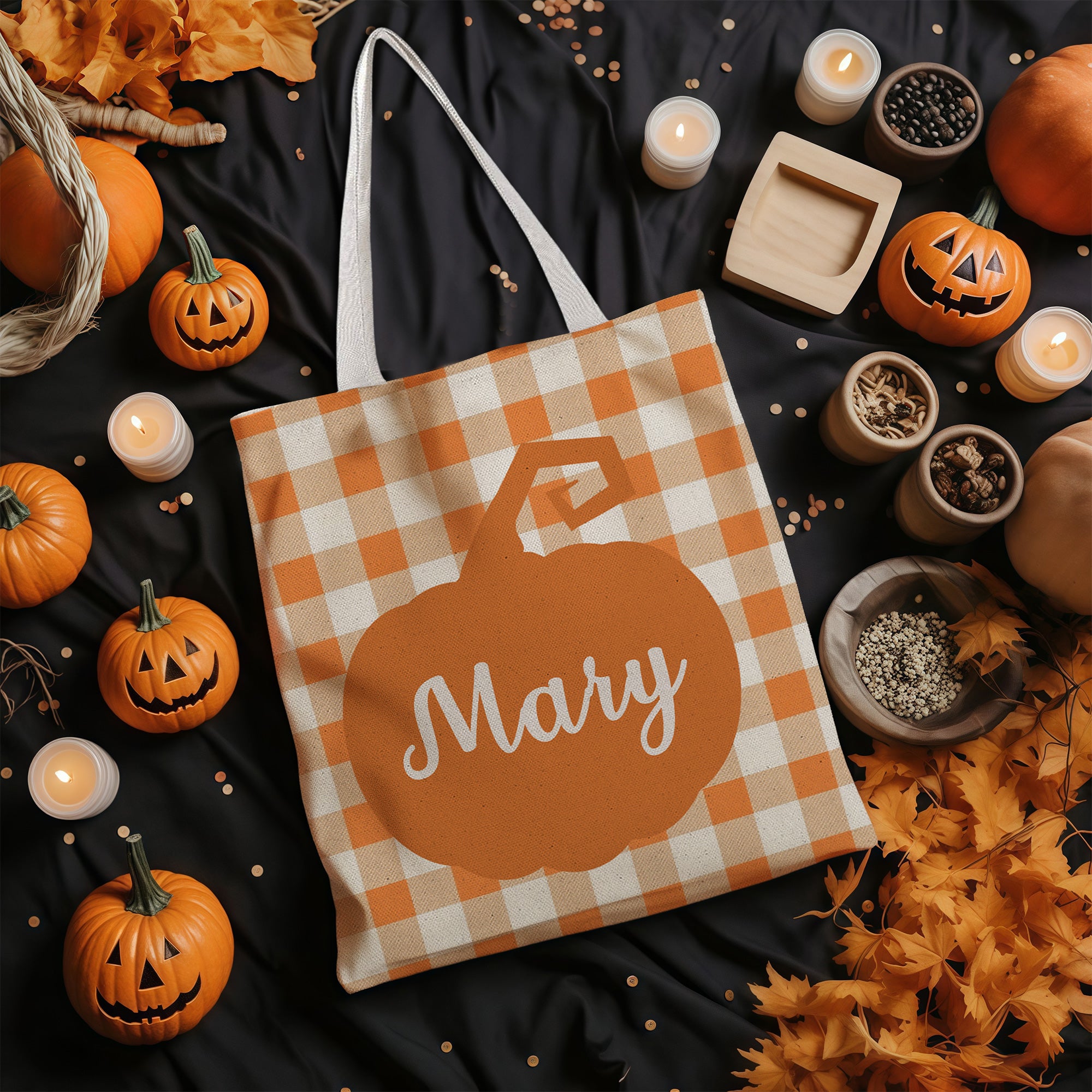 Calabaza personalizada con estampado de cuadros Bolsa de lona reutilizable con nombre Accesorios de otoño Halloween Día de Acción de Gracias Regalo para mujer