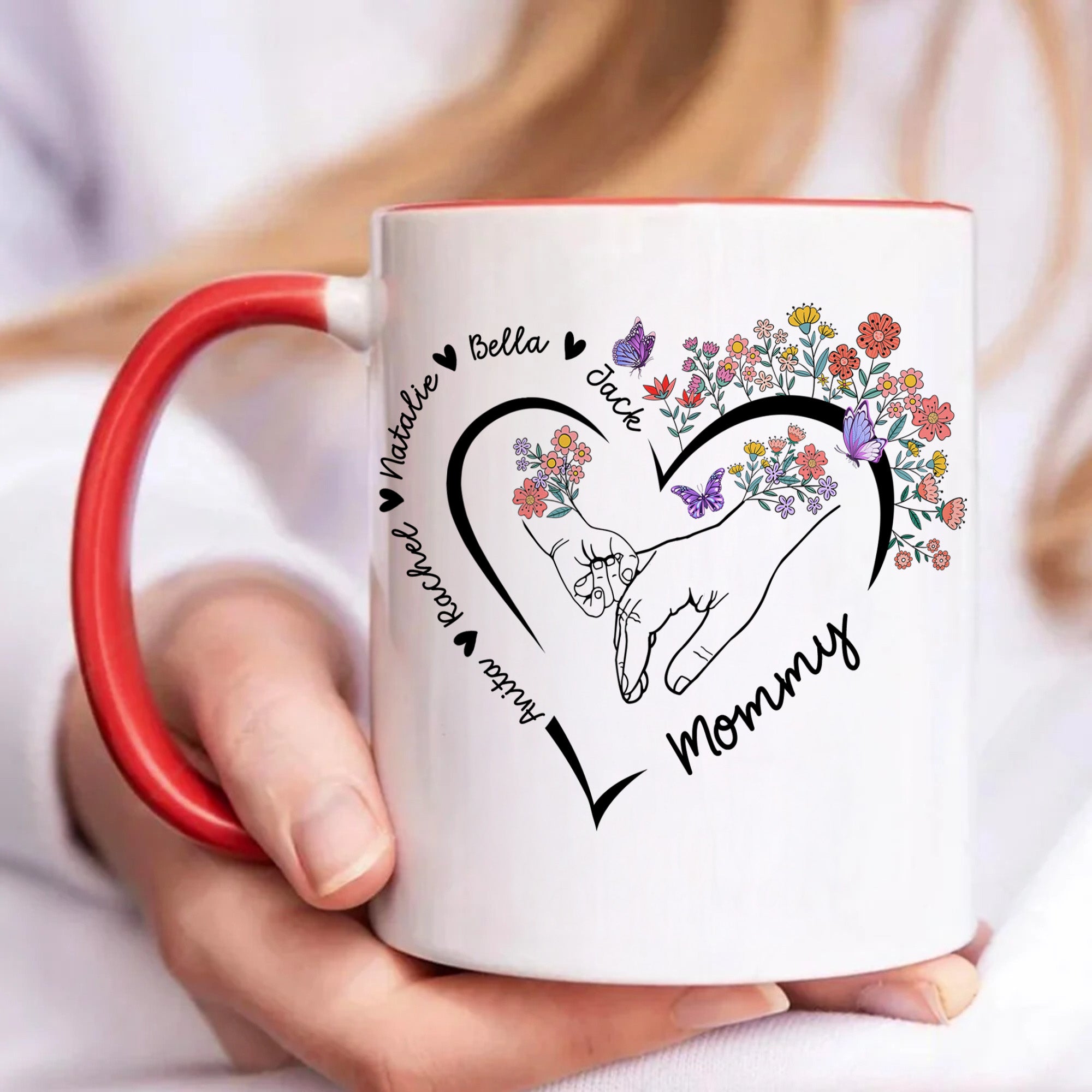 Personalizada Corazón Nacimiento Flor Mascota Patrón 11 oz 15 oz Taza de café de cerámica con 2-6 nombres y posavasos Día de la Madre Regalo de cumpleaños para mamá abuela