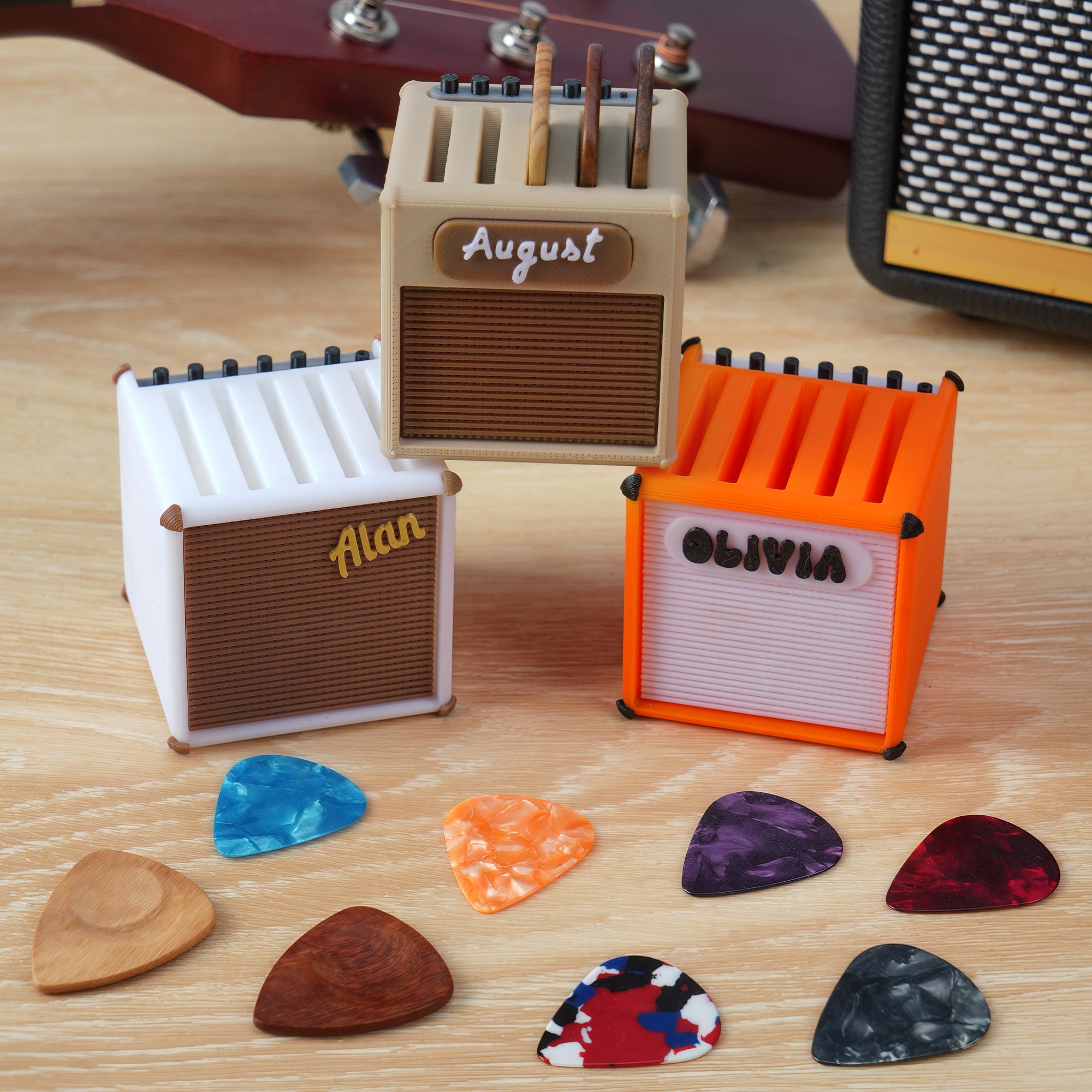 Personalizado 3D Impreso Retro Guitar Amp Forma Guitar Picks Caja de Almacenamiento con Nombre Regalo de Cumpleaños para Músico Guitarrista
