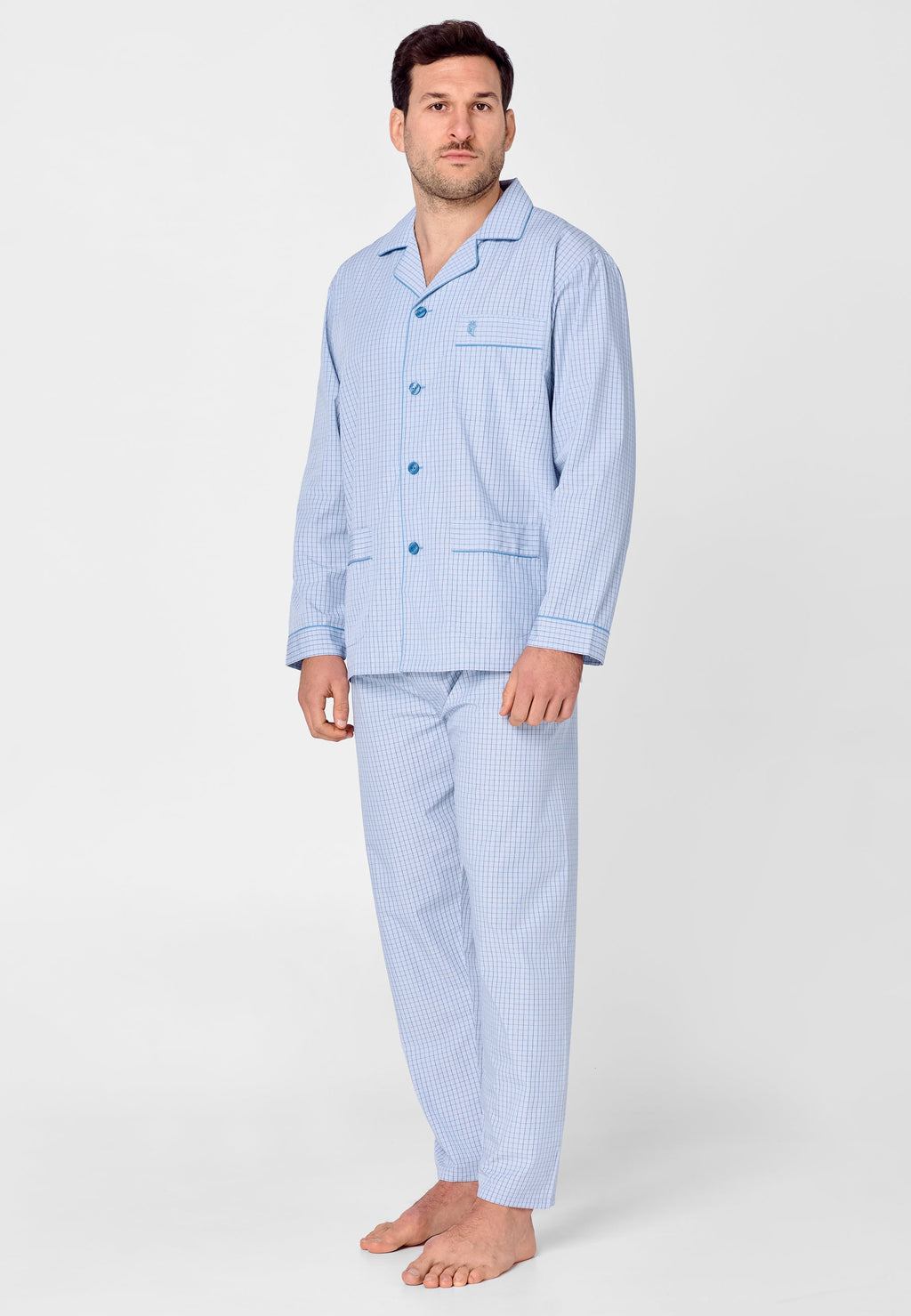 Pijama Hombre Largo Premium Solapa Popelín Cuadros - Azul 2711_30