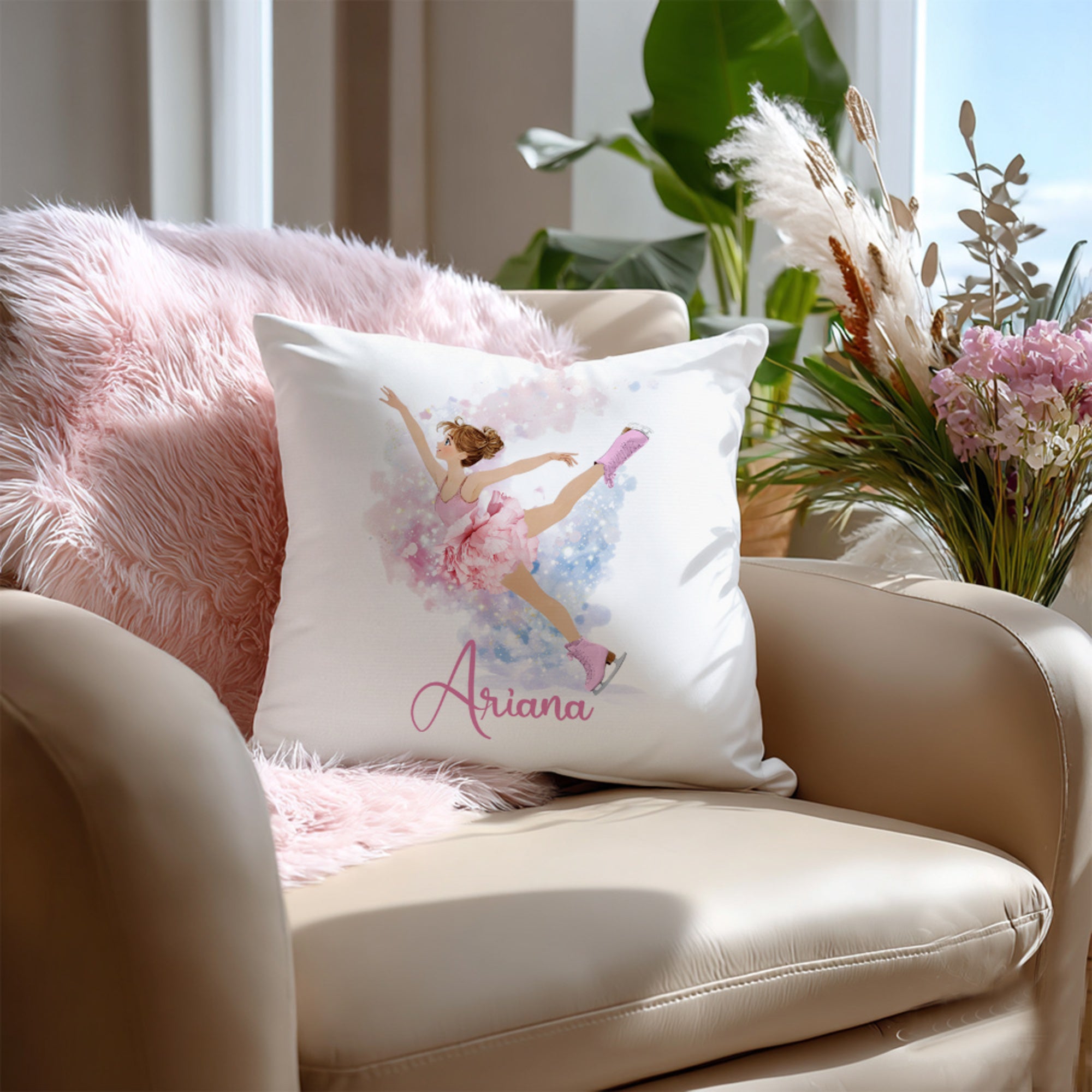 Nacimiento Personalizado Flor Patinaje Artístico Niña Funda Almohada Suave con Nombre Decoración del Hogar Regalo de Cumpleaños para Ella