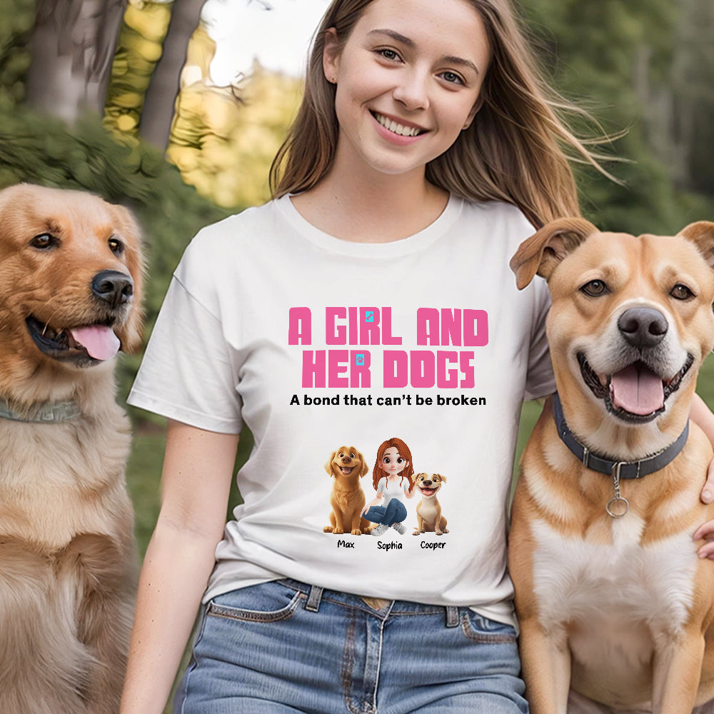 Personalizada Unbreakable Bond 3D Cartoon Girl and Her Dog 100% Algodón Kid Camiseta Adulto con Nombre Regalo de Cumpleaños para Niñas Amantes de las Mascotas