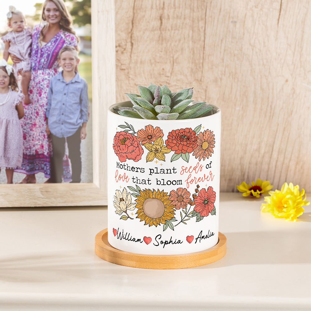 Maceta de Cerámica con Drenaje y Base de Bambú Personalizada Flores de Colores Florecen 1-6 Nombres Regalo de Cumpleaños Día de la Madre para Mamá Abuela