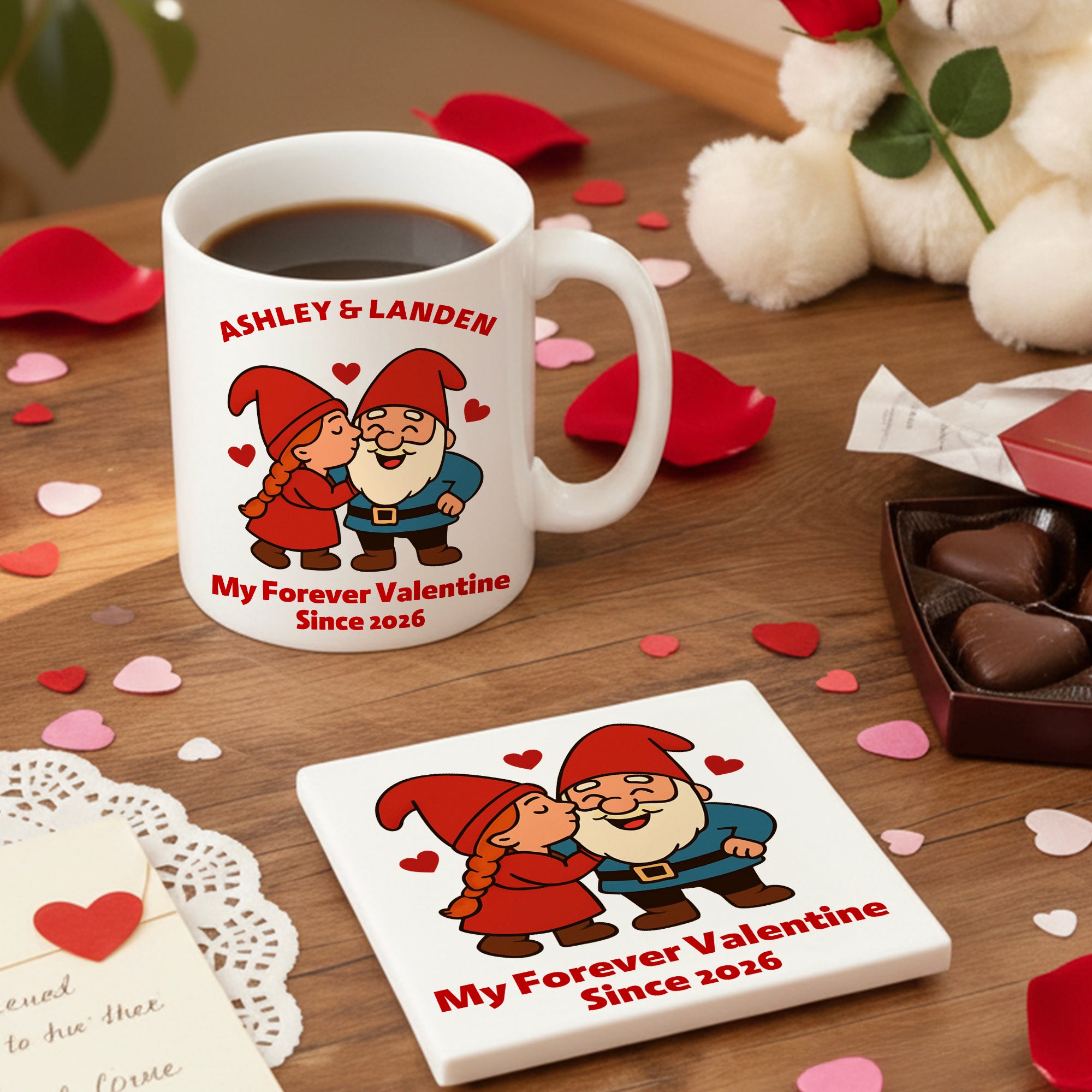 Personalizada Cute Dwarf Couple Heart Rose 11 oz 15 oz Taza de cerámica con el nombre y el año Día de San Valentín Aniversario Cumpleaños Regalo para Pareja