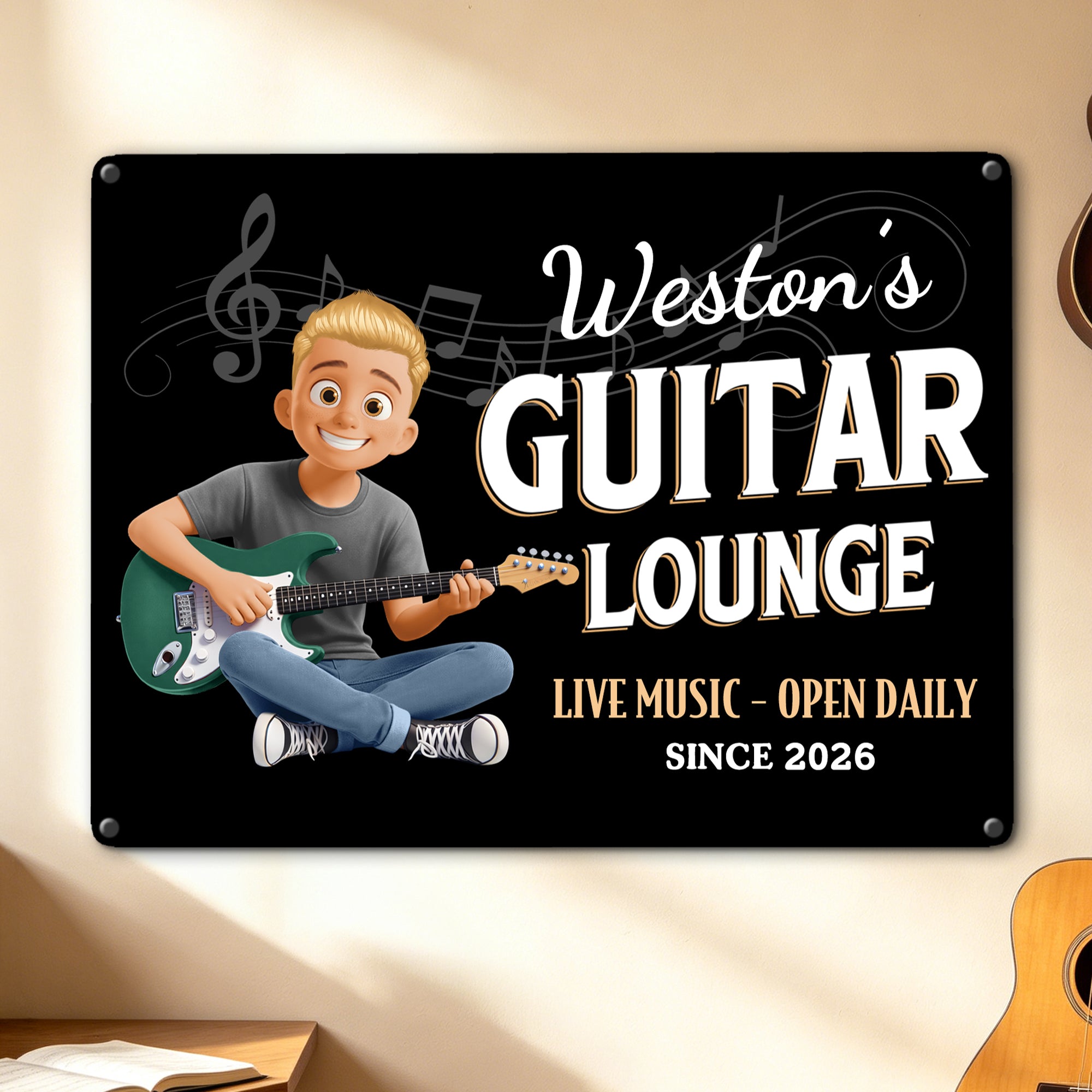 Guitarra Personalizada Personaje de dibujos animados Pintura de hojalata con nombre Decoración del hogar Regalo de cumpleaños para el amante de la guitarra