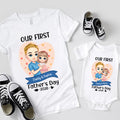 Papá de dibujos animados personalizado con su bebé en brazos 100% algodón Camiseta a juego con el nombre y el año Conjunto familiar Primer regalo del Día del Padre para papá Bebé