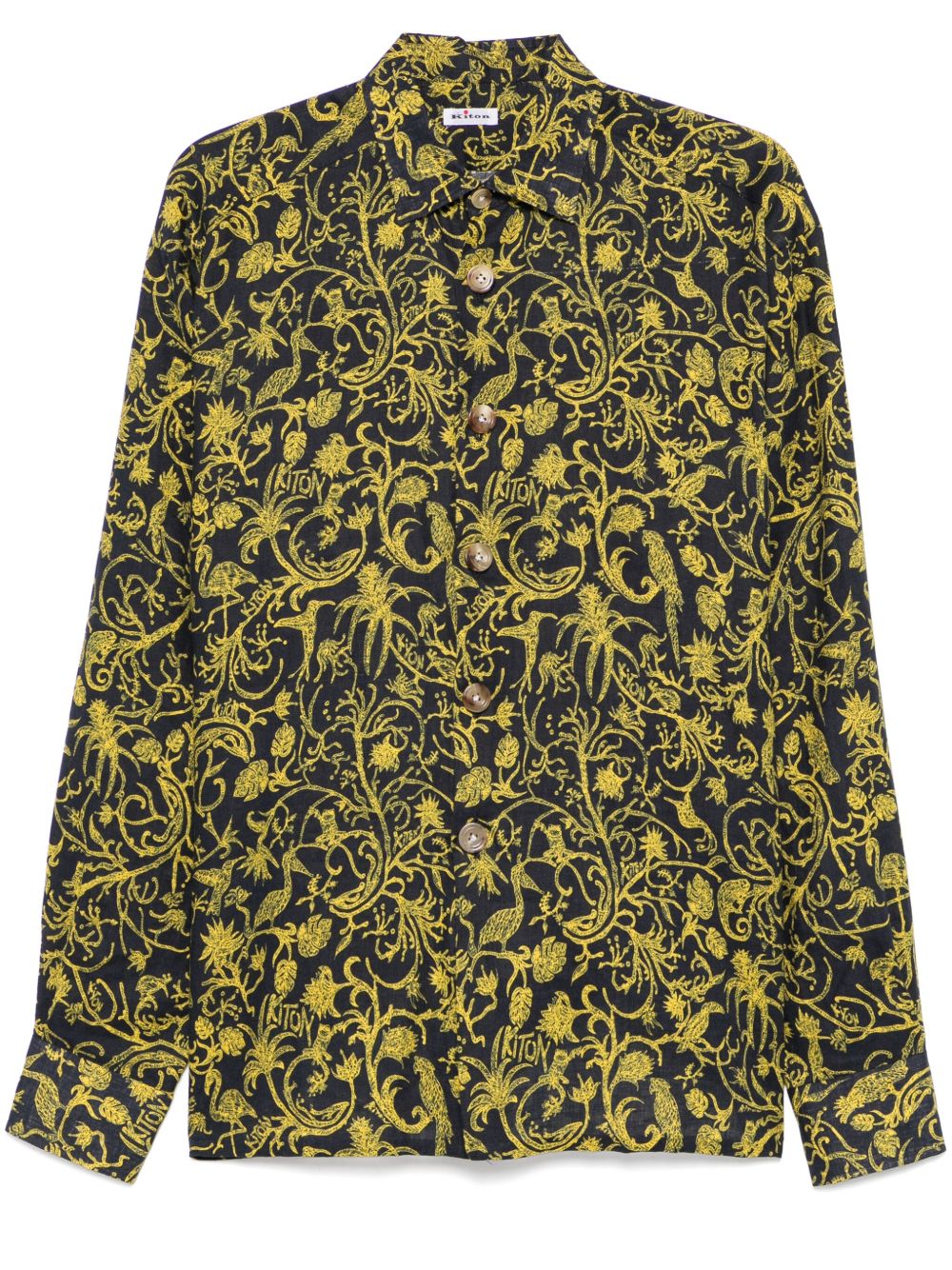 Kiton Baroque Damask Linen Shirt — Black