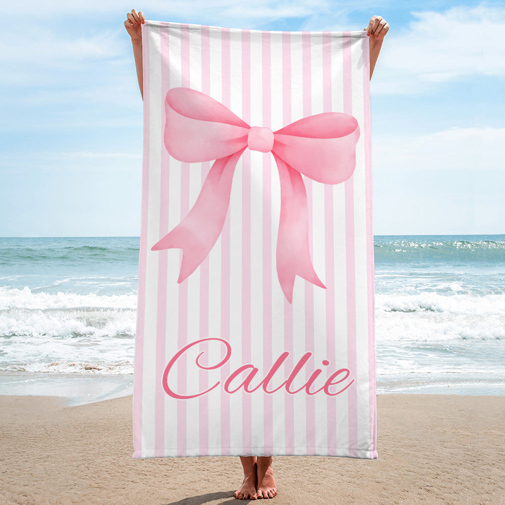 Toalla de playa de gran tamaño de secado rápido con nombre Personalizada con lazo rosa Coquette Esenciales de viaje Vacaciones de verano Regalo de cumpleaños para mujer