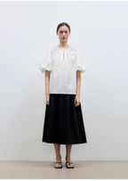 Iceland Diary neckline pleated design round neck tie puff sleeve short sleeve shirt for women