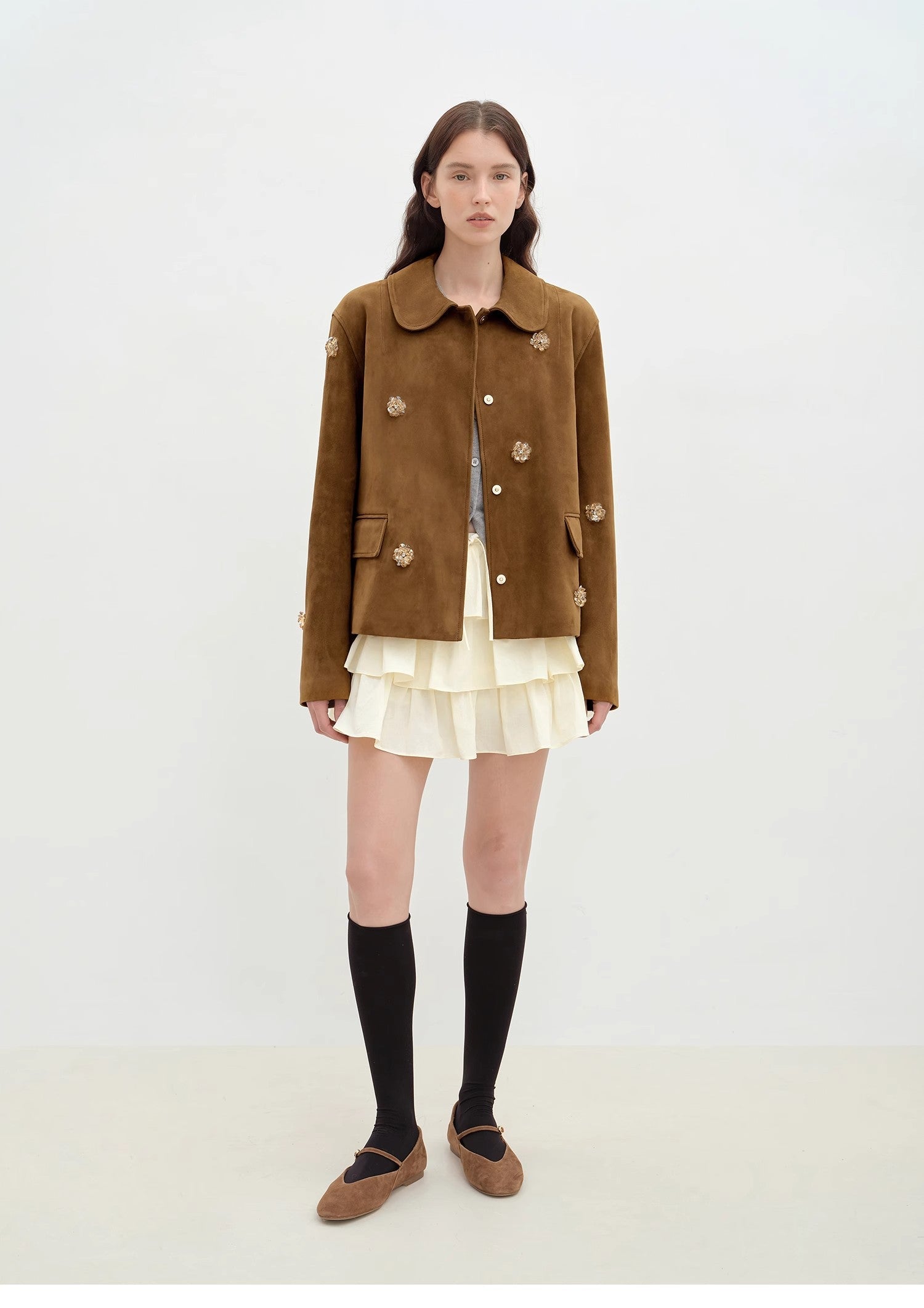 Velour high-grade beaded suede leather short leather jacket for women