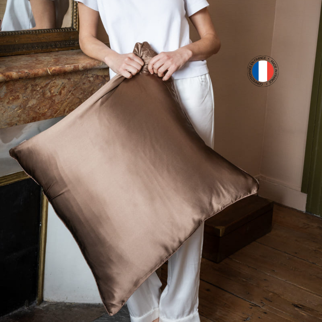 Taie d'oreiller 100% pure soie de mûrier - Confectionnée en France - Macchiato