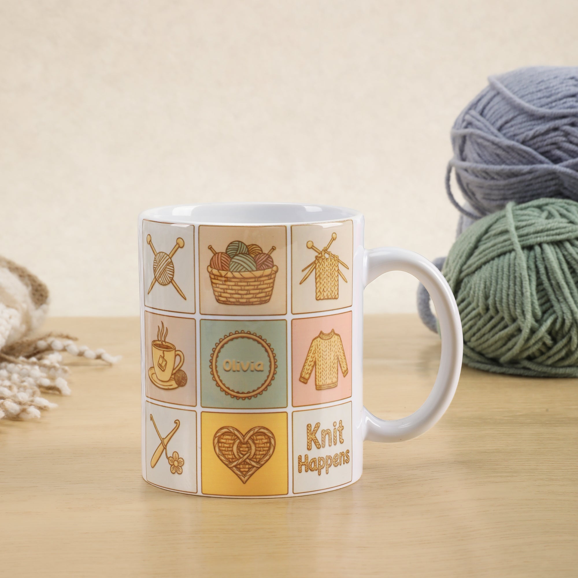 Personalizada Nueve Cuadrícula de hilo de la bola de la aguja del suéter 11 oz 15 oz Taza de café de cerámica con nombre Cumpleaños Aniversario Regalo para los amantes de tejer