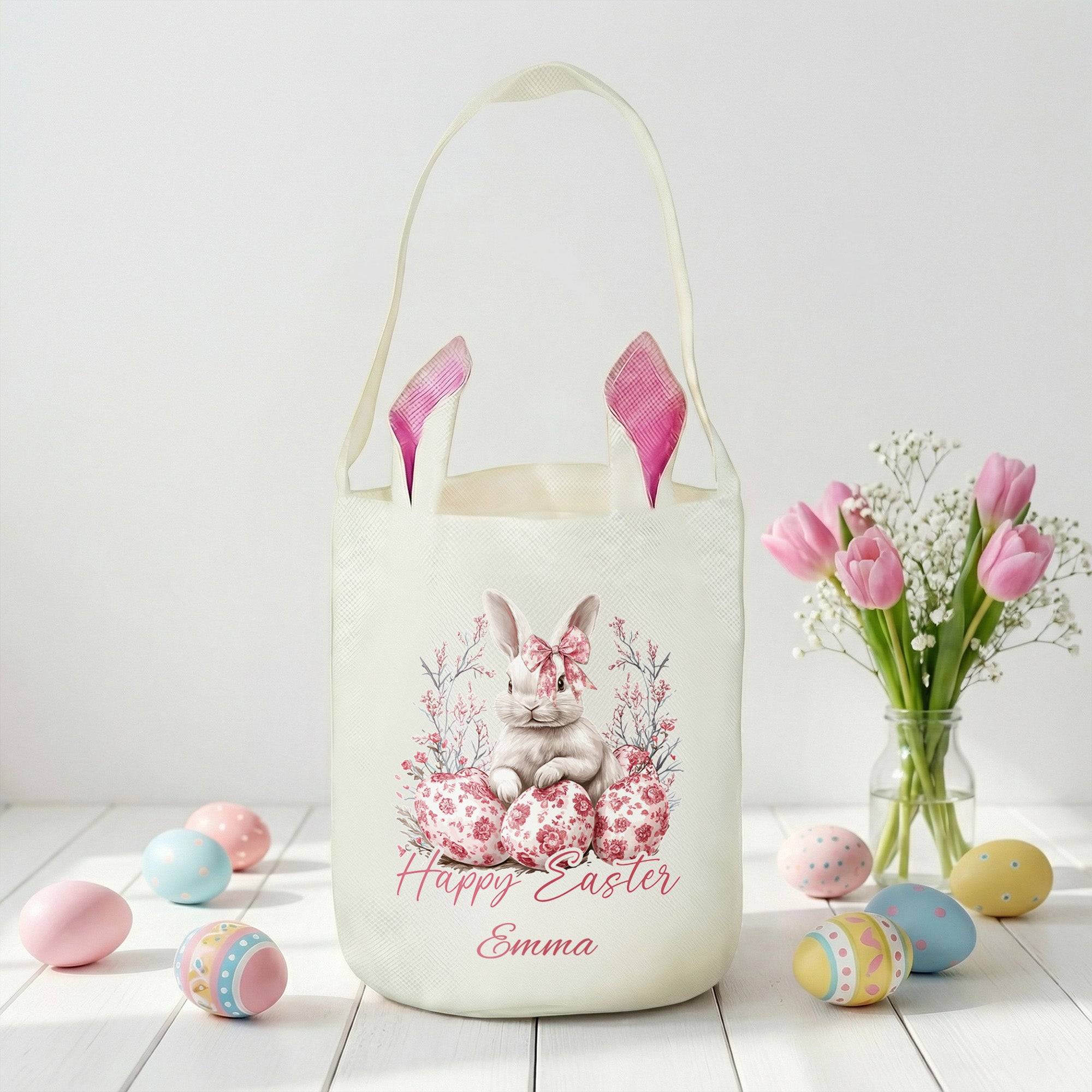 Huevos de Pascua florales personalizados Simpático conejito con lazo Cesta de Pascua reutilizable con nombre y orejas de conejito Feliz regalo de Pascua para niños