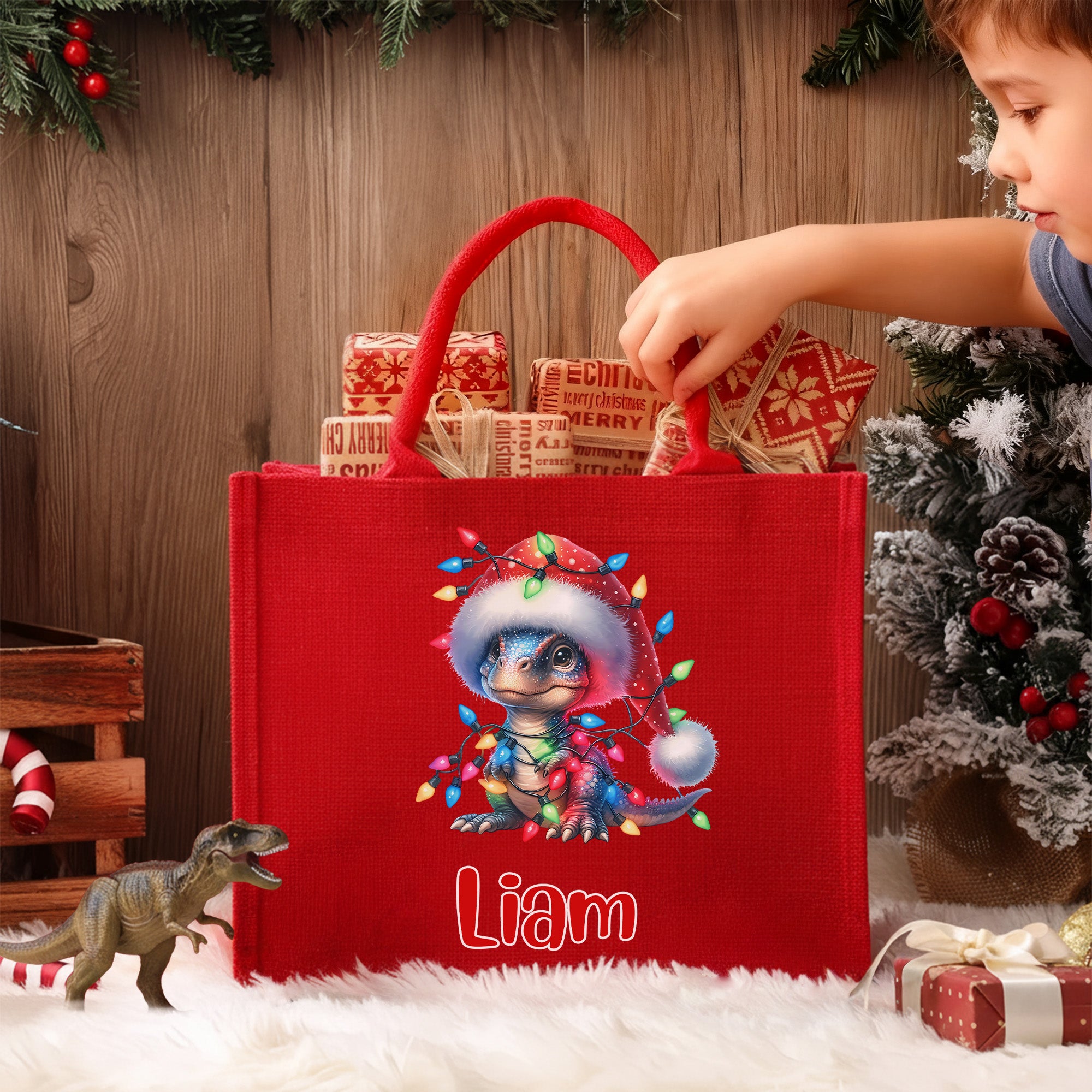 Gorro de Papá Noel personalizado Farolillos de dinosaurio Bolsa de yute roja de gran capacidad con nombre Fiesta de Navidad Regalo para niños