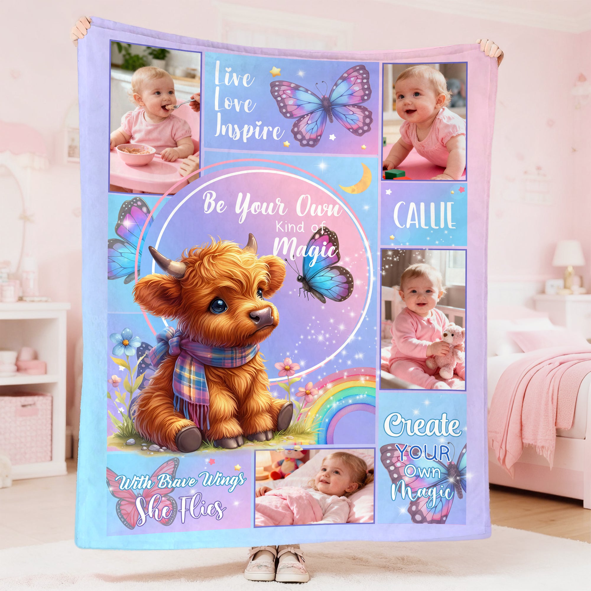 Personalizada Floral Highland Vaca Mariposa Suave Manta con Nombre y Fotos Decoración del Hogar Baby Shower Cumpleaños Regalo para Niñas