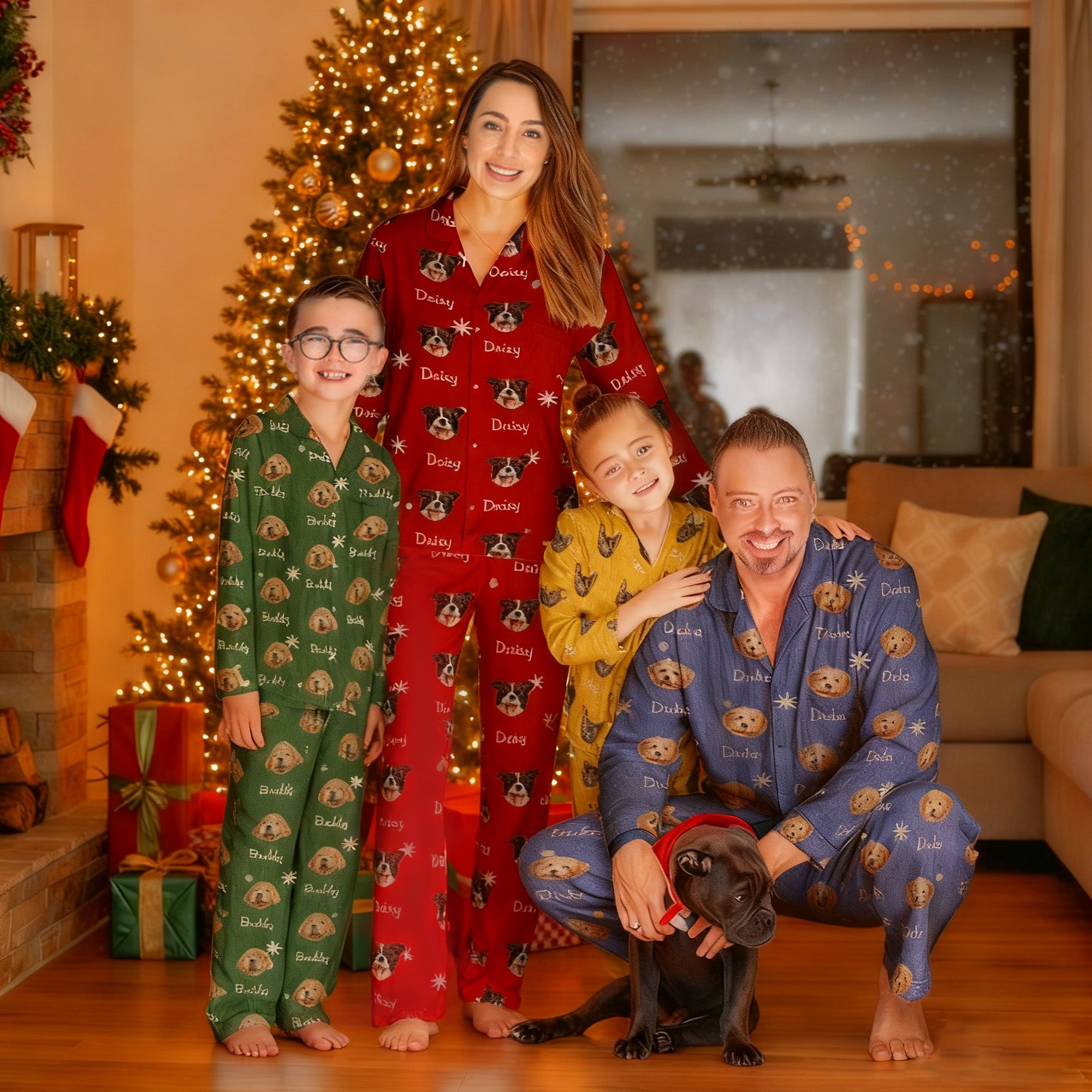 Personalizado 1-5 Fotos de Mascotas Multicolor Suave Pijama de Manga Larga a Juego con Nombres Cumpleaños Navidad Regalo para Niños Familia