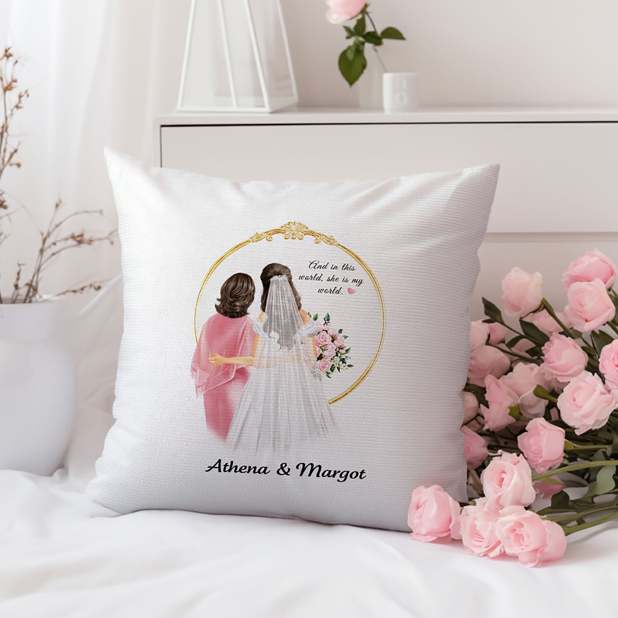 Personalizada Madre de la Novia Caricatura Suave Funda de Almohada con Nombre Decoración del Hogar Boda Ducha Nupcial Regalo para la Novia Mamá