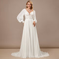 Bridal Wedding Dress Ivory Long Sleeve Long V-Neck A-line