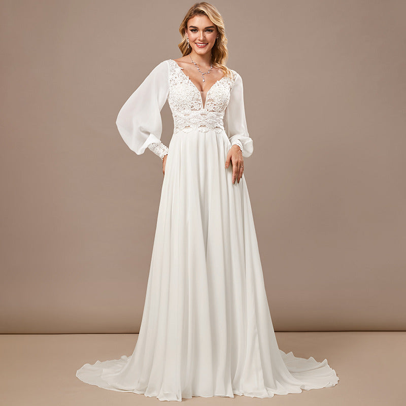 Bridal Wedding Dress Ivory Long Sleeve Long V-Neck A-line