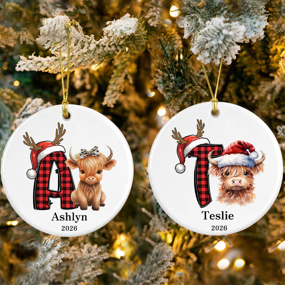 Vaca de las Tierras Altas Personalizada Adorno de Cerámica con Nombre y Año Decoración del Hogar Regalo de Navidad para Amante de las Vacas de las Tierras Altas Amigo de la Familia