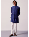 Navy Blue Silk Chanderi Kurta And Embroidered Bandi Set By KYNAH, Luxury Indian Fashion & Bridal Wear