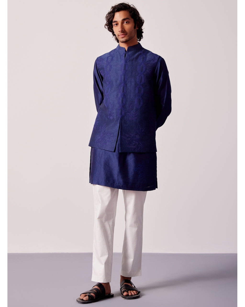 Navy Blue Silk Chanderi Kurta And Embroidered Bandi Set By KYNAH, Luxury Indian Fashion & Bridal Wear