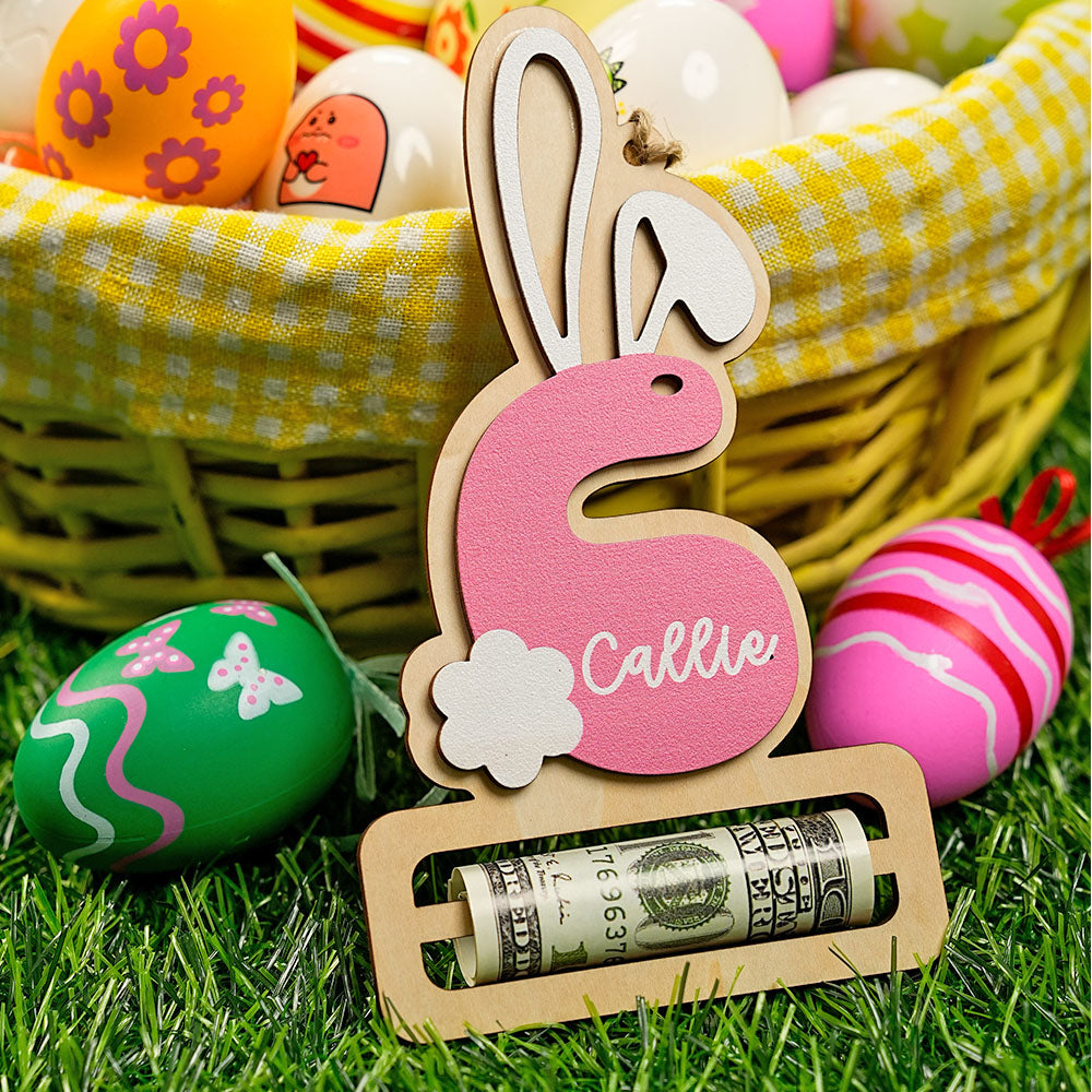 Orejas de Peter Rabbit de madera con iniciales y nombre Personalizado Cesta de Pascua Rellenos Fiesta Favorito Regalo para Niños