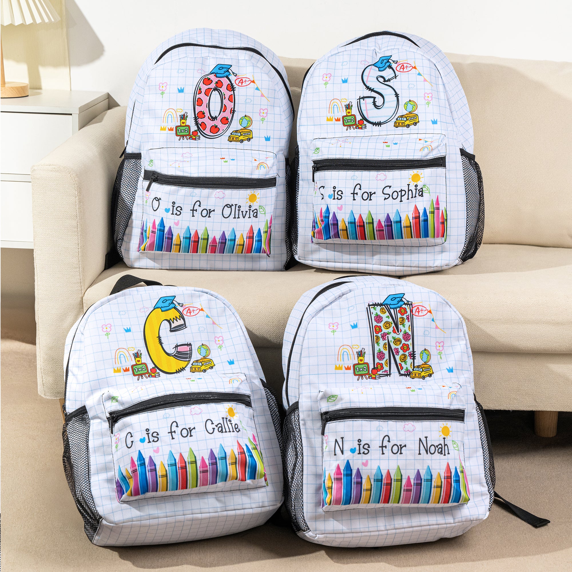 Lápiz personalizado Crayón Manzana Diseño Doodle Letra Mochila con Nombre Inicial y Bolsillos Laterales Cumpleaños Vuelta al Cole Regalo para Niños Estudiantes