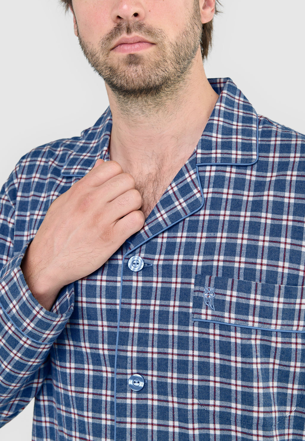 Pijama Hombre Largo Premium Solapa Algodón Franela Cuadros - Gris 2817_20