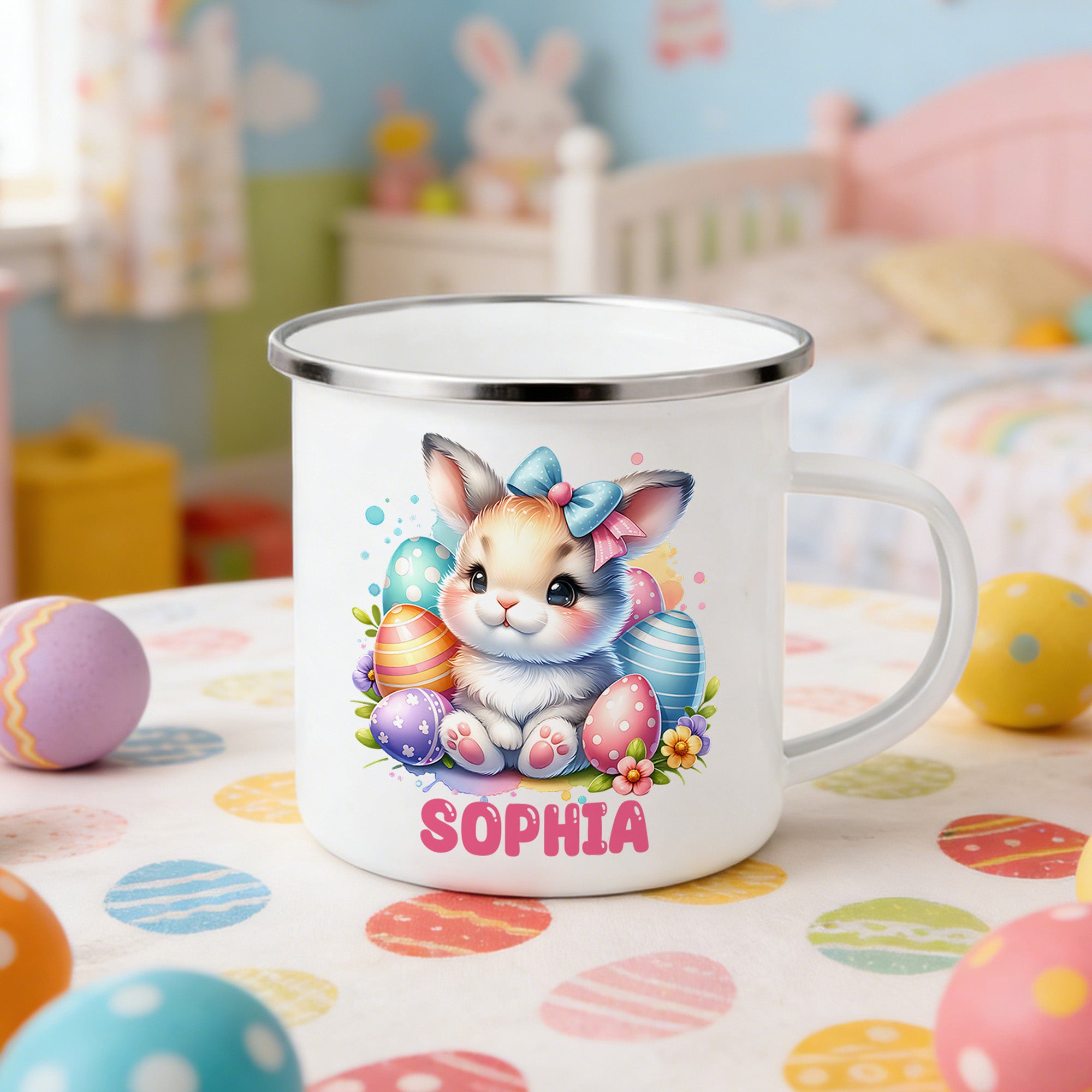 Conejito de Pascua personalizado 12 oz Taza esmaltada con nombre Uso diario Pascua Fiesta Regalo para niños Niños Niñas