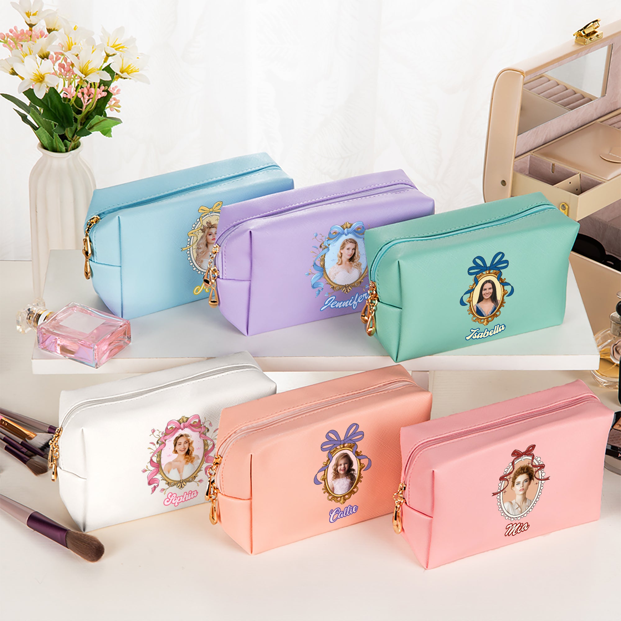 Personalizada princesa marco de fotos de cuero de PU bolsa de maquillaje con el nombre y la foto de cumpleaños de la boda de despedida de soltera de regalo para las niñas novias