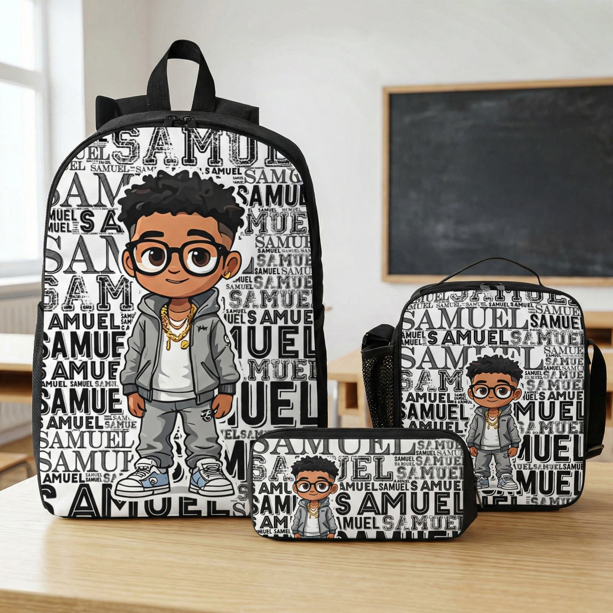Personalizado lindo de dibujos animados Negro Niño Word Cloud Mochila Bolsa de almuerzo Estuche con nombre de vuelta a la escuela Regalo de cumpleaños para los niños