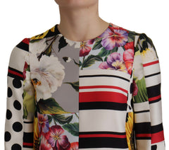 Women's Multicolor Charmeuse Floral Sheath Jaquard Pachwork Dress Silk